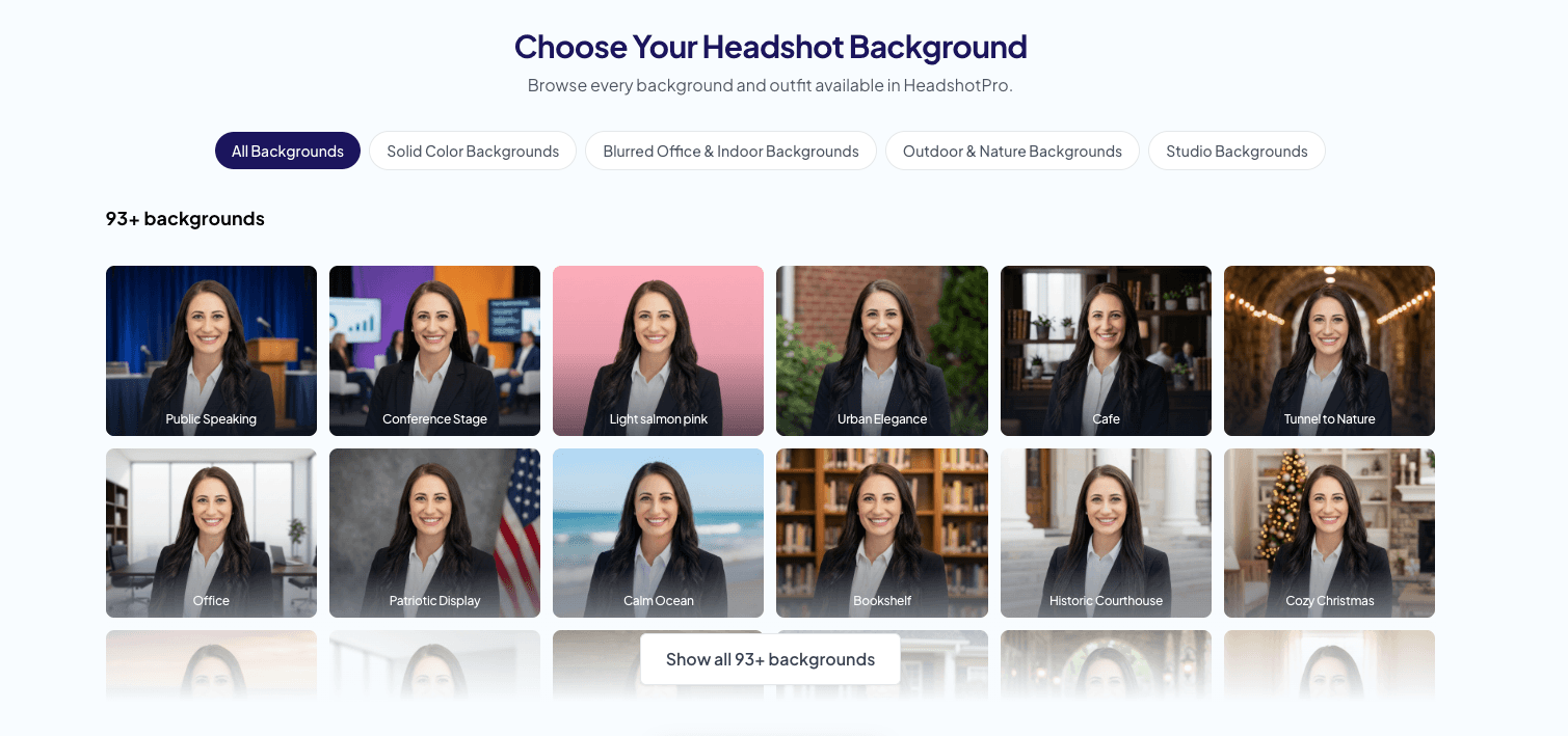 HeadshotPro background library — 93+ backgrounds documented on their chooser page