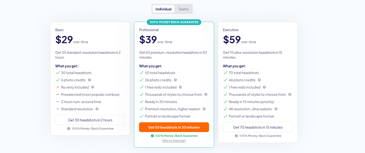 HeadshotPro individual pricing — Basic $29, Professional $39, Executive $59
