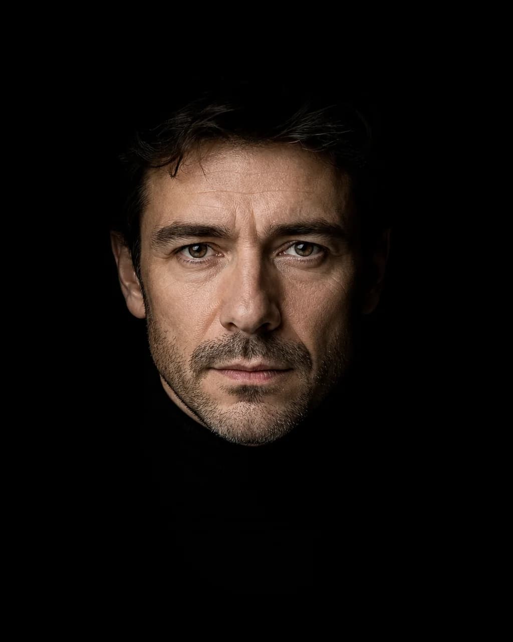 Portrait on a black background where dark hair merges into the backdrop