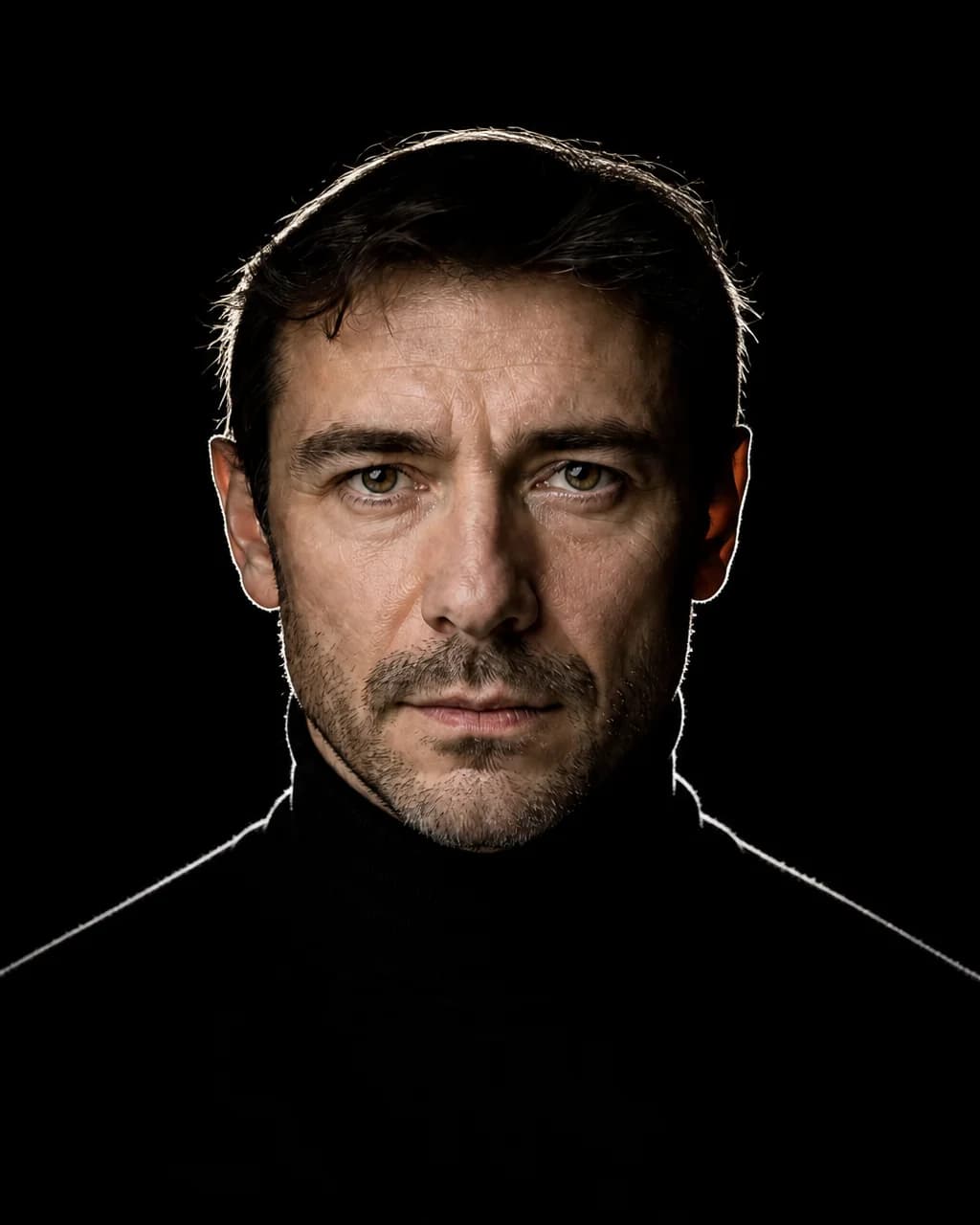 Portrait on a black background with a rim light separating hair from the backdrop