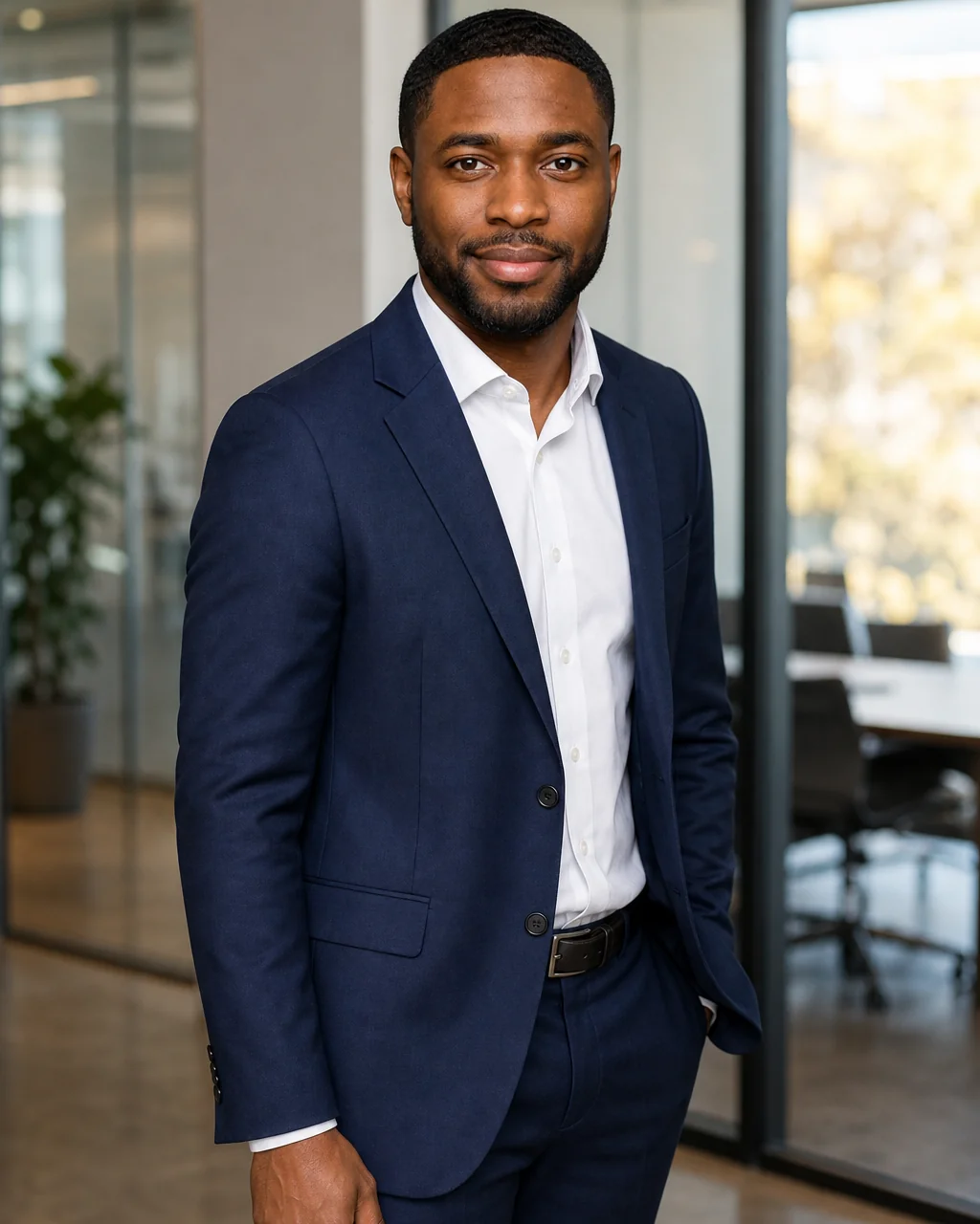Wider business portrait of the same man in an office environment