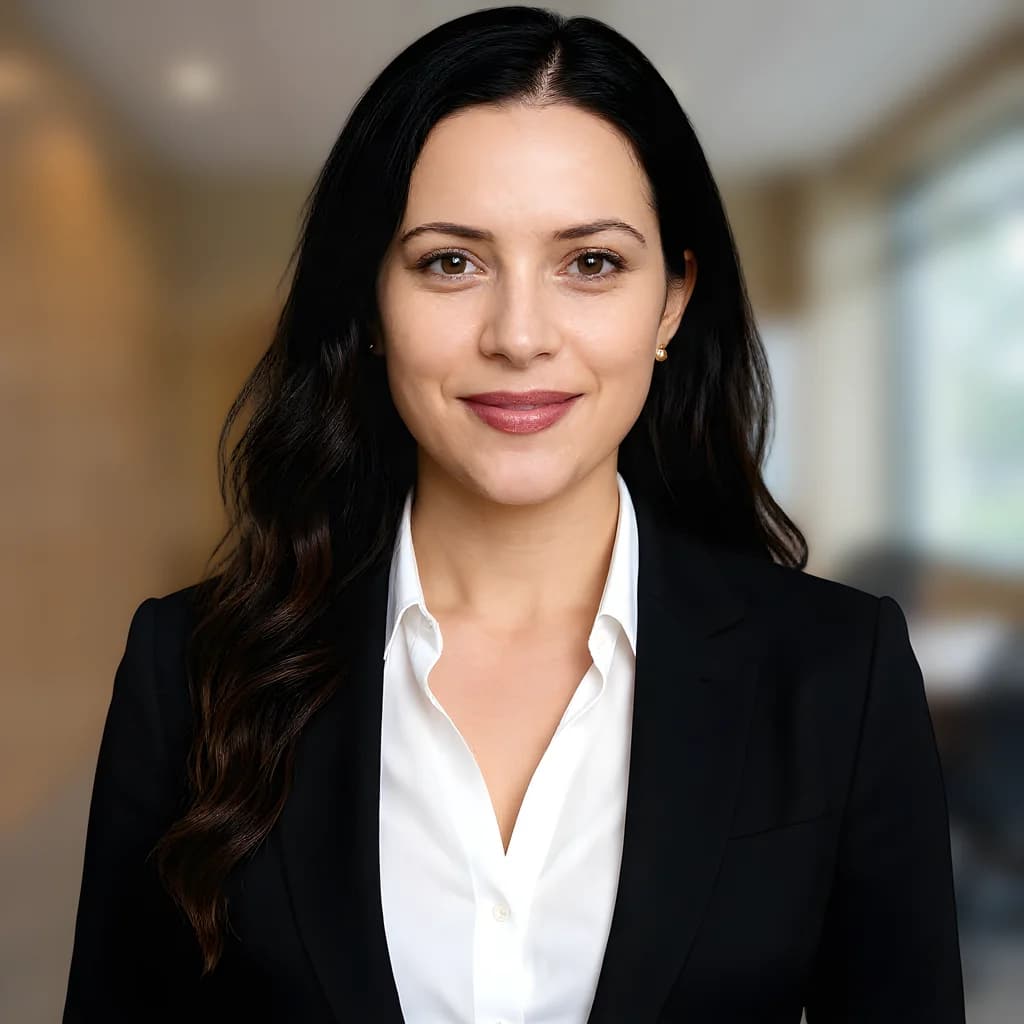 Professional headshot with a softly blurred office background