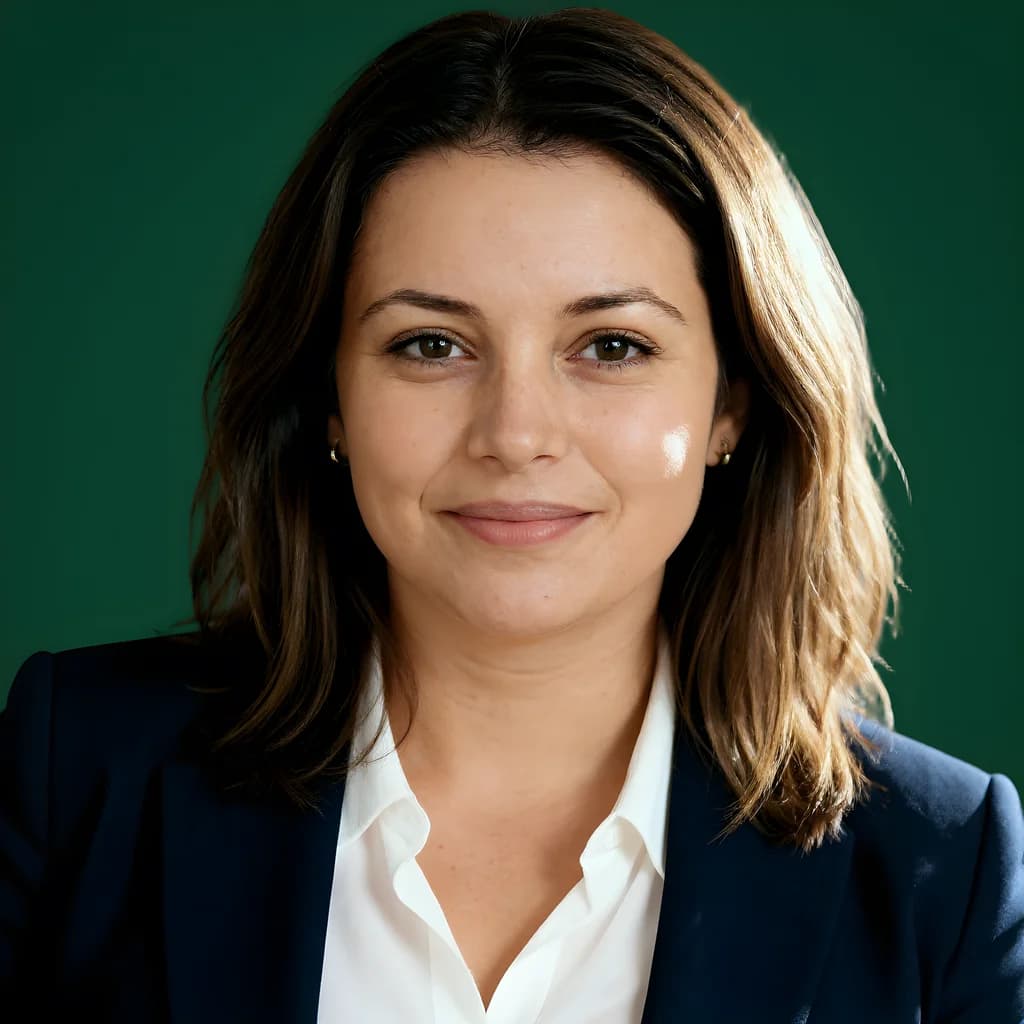 Professional headshot on a sage green studio background