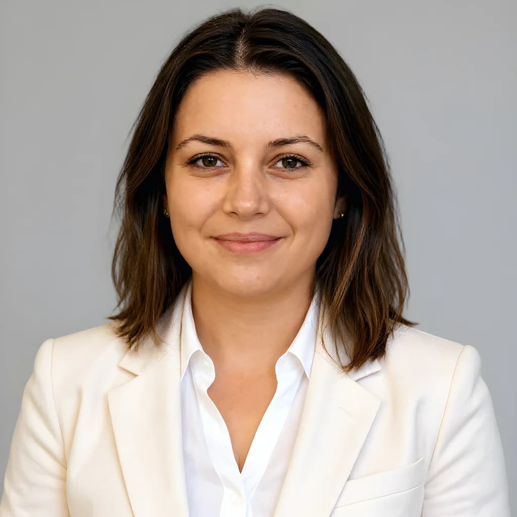 Professional headshot on a light grey studio background