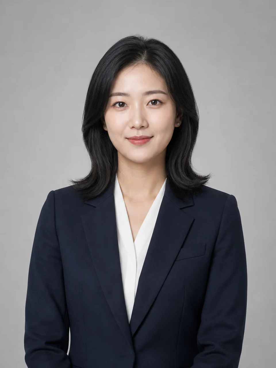 South Korea and China job application photo example: woman in dark suit, formal polished look, neutral background